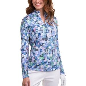 EDNY GOLF TOP XS Abstract Mosaic Long-Sleeve Split-Neck Top in Multi Blue